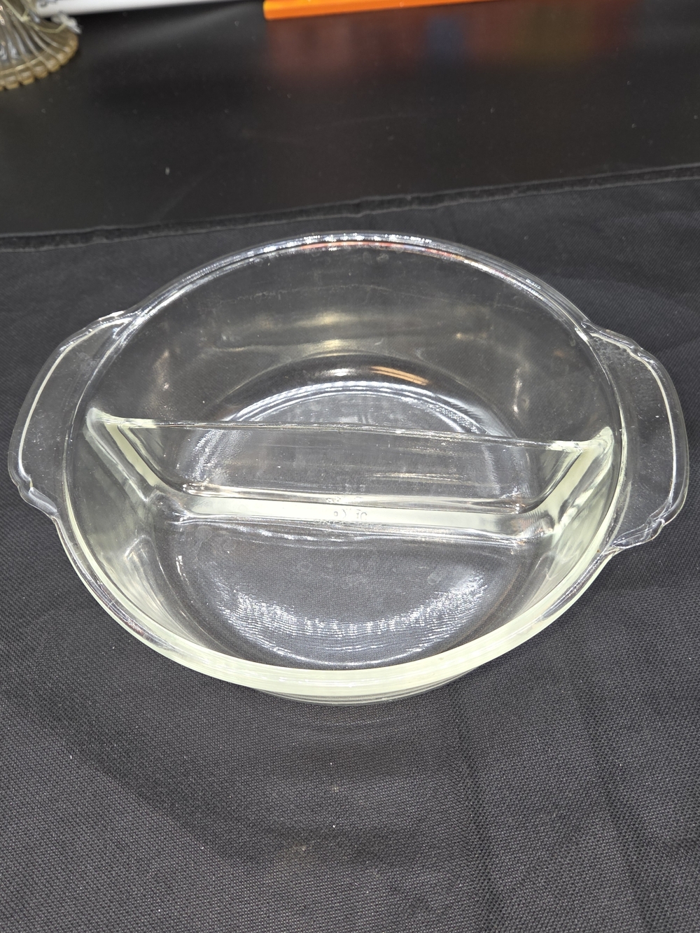 VTG FIRE KING Round Divided Bowl/Casserole dish 2-quart clear glass. Made in USA